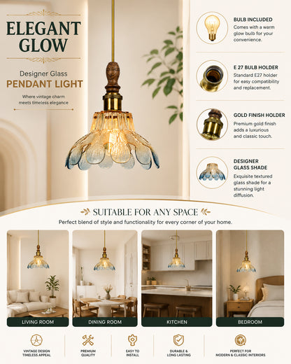 Botanica Pendant Lamp | Petal Scalloped Glass Hanging Light with Solid Wood Top | Vintage European Ceiling Fixture