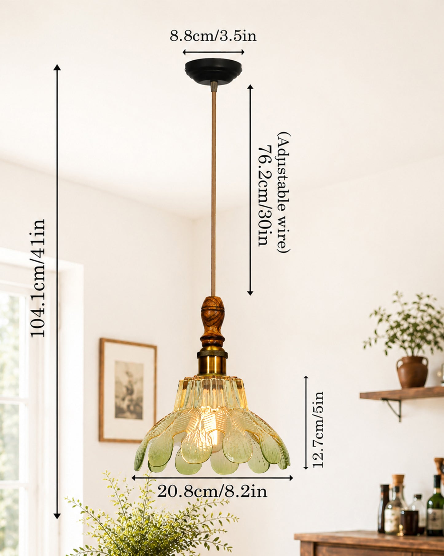 Botanica Pendant Lamp | Petal Scalloped Glass Hanging Light with Solid Wood Top | Vintage European Ceiling Fixture