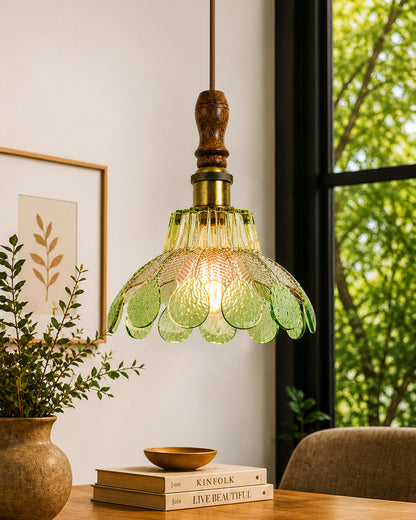 Botanica Pendant Lamp | Petal Scalloped Glass Hanging Light with Solid Wood Top | Vintage European Ceiling Fixture