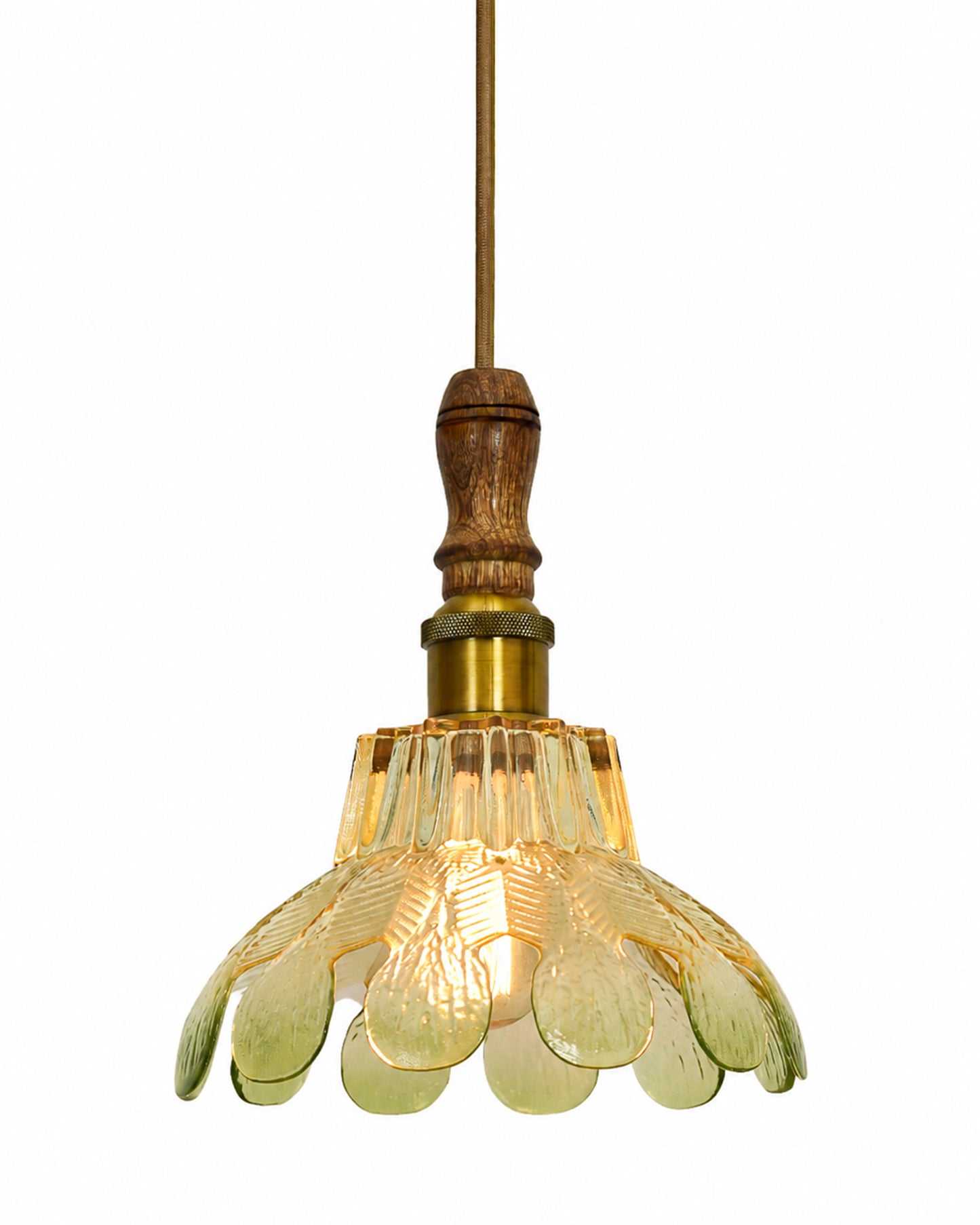Botanica Pendant Lamp | Petal Scalloped Glass Hanging Light with Solid Wood Top | Vintage European Ceiling Fixture