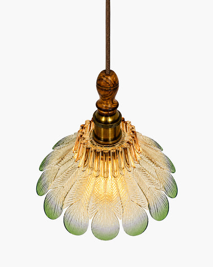 Botanica Pendant Lamp | Petal Scalloped Glass Hanging Light with Solid Wood Top | Vintage European Ceiling Fixture