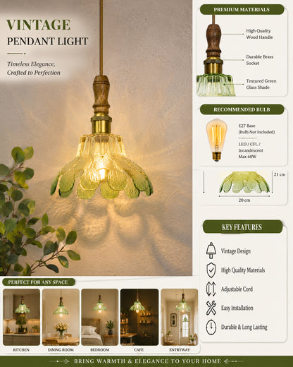 Botanica Pendant Lamp | Petal Scalloped Glass Hanging Light with Solid Wood Top | Vintage European Ceiling Fixture