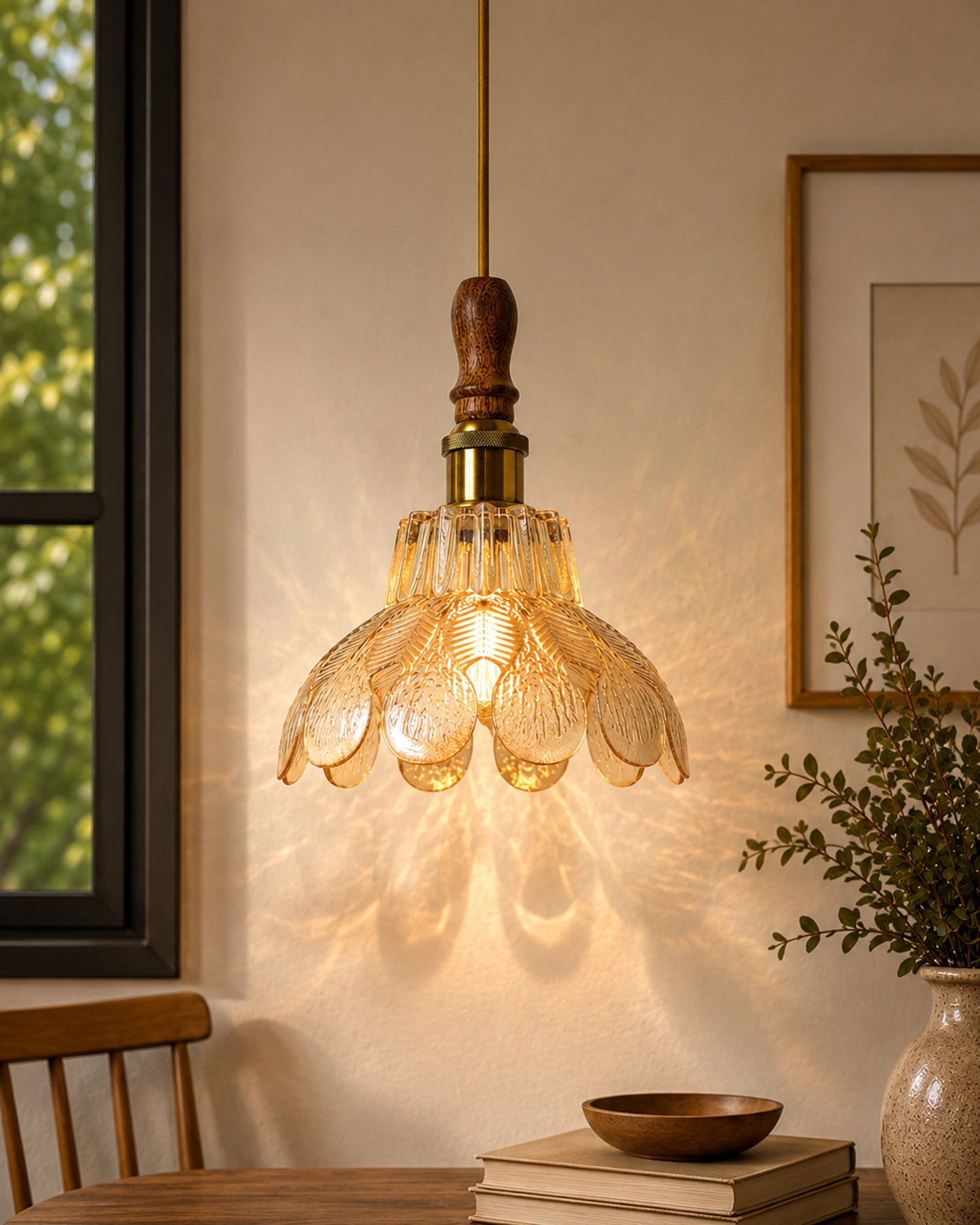 Botanica Pendant Lamp | Petal Scalloped Glass Hanging Light with Solid Wood Top | Vintage European Ceiling Fixture