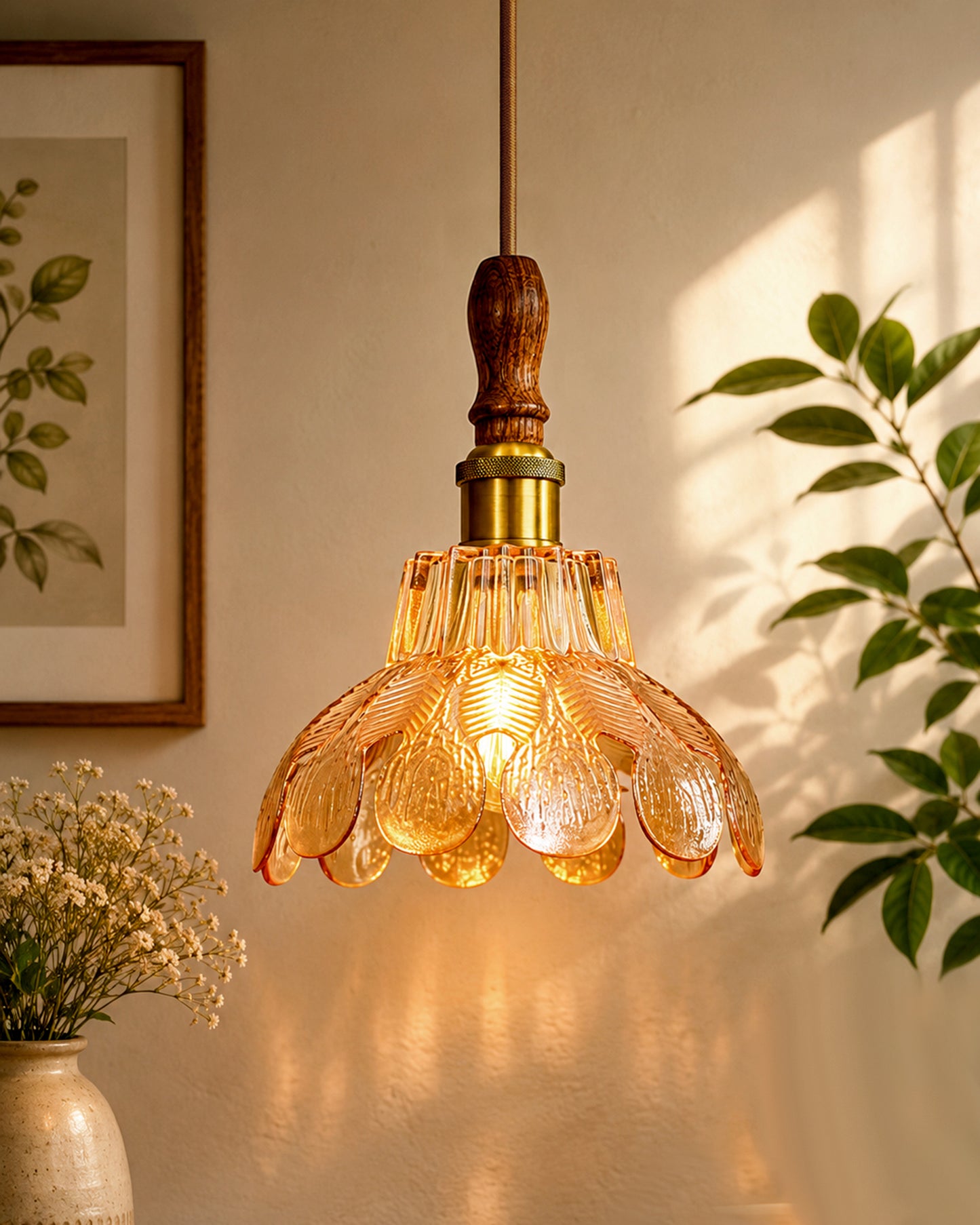 Botanica Pendant Lamp | Petal Scalloped Glass Hanging Light with Solid Wood Top | Vintage European Ceiling Fixture