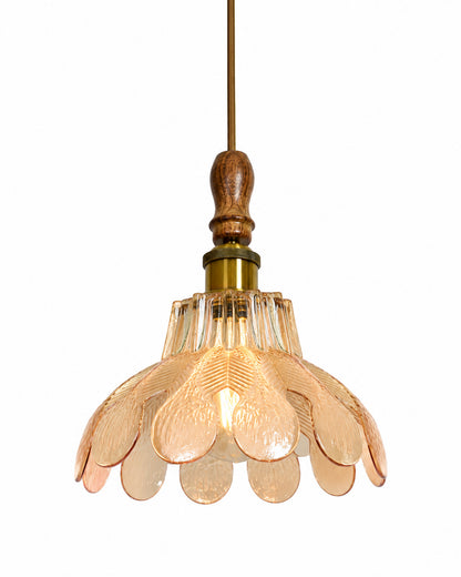 Botanica Pendant Lamp | Petal Scalloped Glass Hanging Light with Solid Wood Top | Vintage European Ceiling Fixture