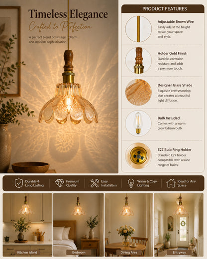 Botanica Pendant Lamp | Petal Scalloped Glass Hanging Light with Solid Wood Top | Vintage European Ceiling Fixture