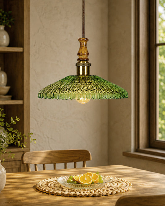 Botanica Pendant Lamp | Ripple Scalloped Glass Hanging Light with Solid Wood Top | Vintage European Ceiling Fixture Adjustable Cord Industrial Ceiling Hanging Light for Kitchen Dining Room Bedroom Foyer Hallway Farmhouse