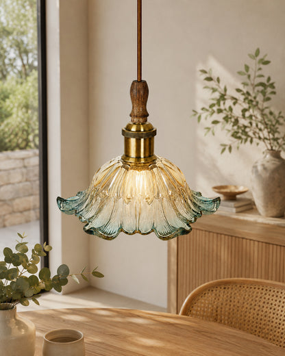 Homesake® Botanica Pendant Lamp | Tulip Scalloped Glass Hanging Light with Solid Wood Top | Vintage European Ceiling Fixture