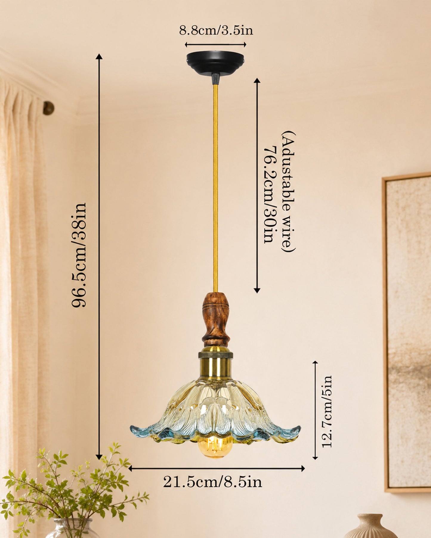 Homesake® Botanica Pendant Lamp | Tulip Scalloped Glass Hanging Light with Solid Wood Top | Vintage European Ceiling Fixture