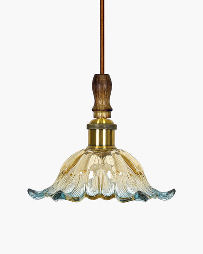 Homesake® Botanica Pendant Lamp | Tulip Scalloped Glass Hanging Light with Solid Wood Top | Vintage European Ceiling Fixture