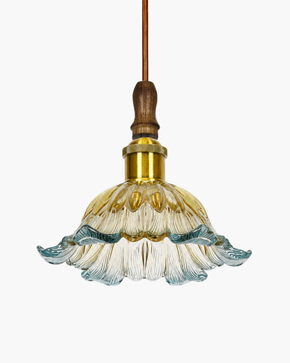Homesake® Botanica Pendant Lamp | Tulip Scalloped Glass Hanging Light with Solid Wood Top | Vintage European Ceiling Fixture