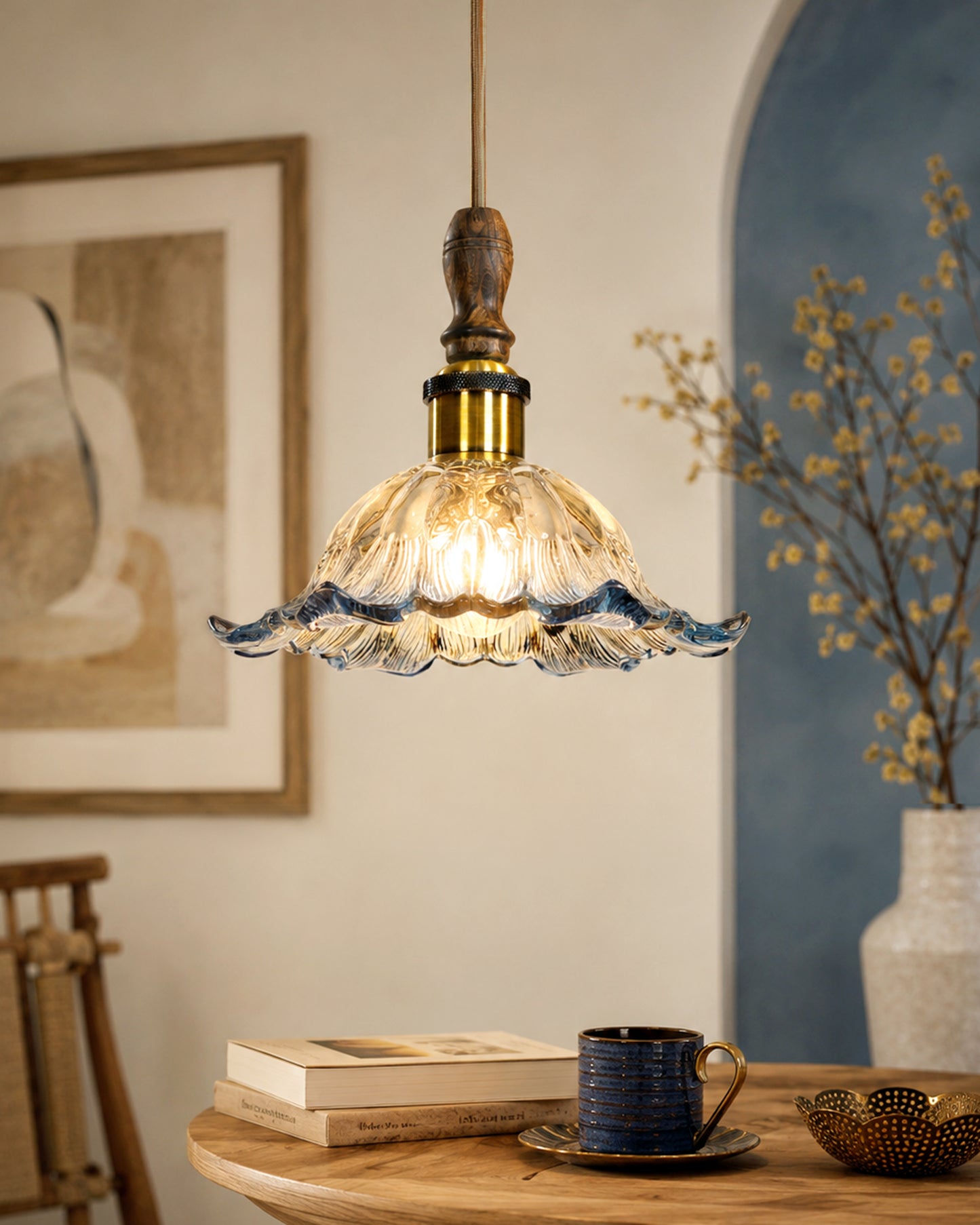 Homesake® Botanica Pendant Lamp | Tulip Scalloped Glass Hanging Light with Solid Wood Top | Vintage European Ceiling Fixture