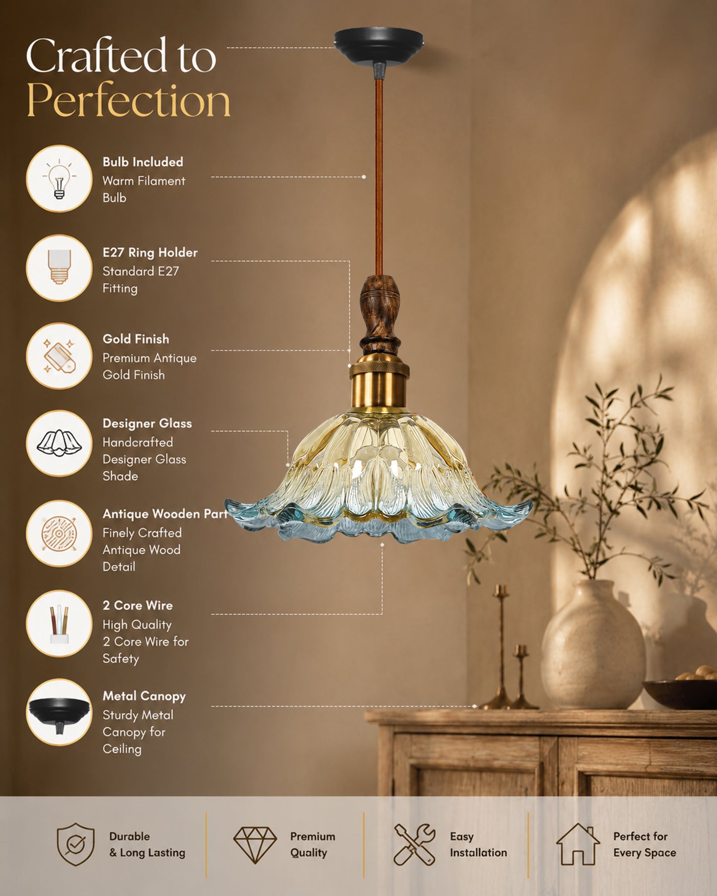 Homesake® Botanica Pendant Lamp | Tulip Scalloped Glass Hanging Light with Solid Wood Top | Vintage European Ceiling Fixture