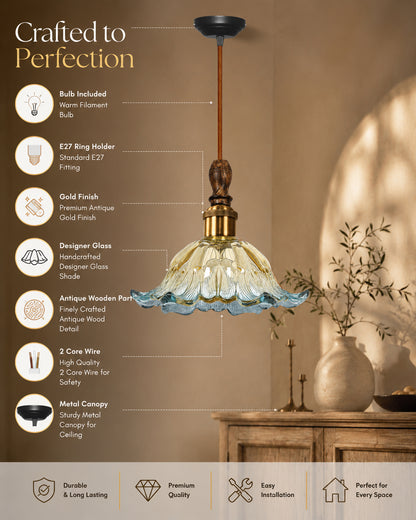Homesake® Botanica Pendant Lamp | Tulip Scalloped Glass Hanging Light with Solid Wood Top | Vintage European Ceiling Fixture