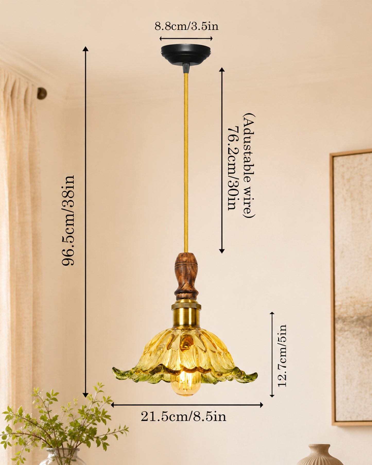 Homesake® Botanica Pendant Lamp | Tulip Scalloped Glass Hanging Light with Solid Wood Top | Vintage European Ceiling Fixture
