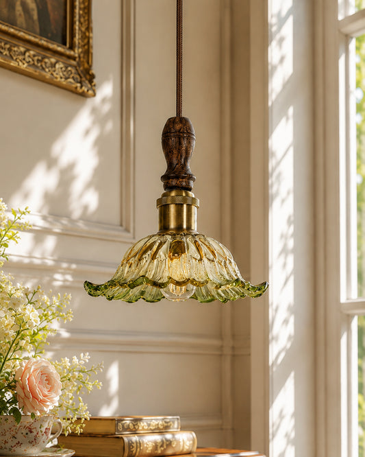 Homesake® Botanica Pendant Lamp | Tulip Scalloped Glass Hanging Light with Solid Wood Top | Vintage European Ceiling Fixture