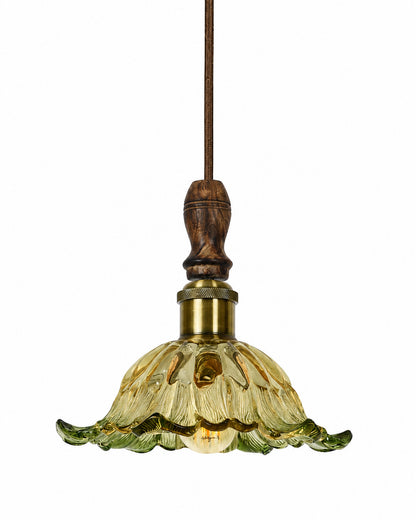 Homesake® Botanica Pendant Lamp | Tulip Scalloped Glass Hanging Light with Solid Wood Top | Vintage European Ceiling Fixture