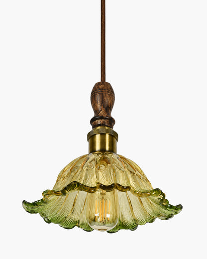 Homesake® Botanica Pendant Lamp | Tulip Scalloped Glass Hanging Light with Solid Wood Top | Vintage European Ceiling Fixture