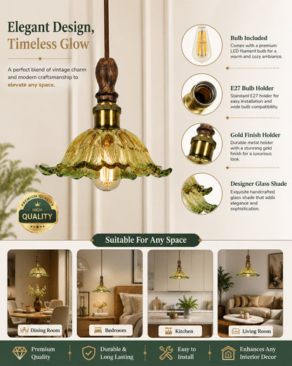 Homesake® Botanica Pendant Lamp | Tulip Scalloped Glass Hanging Light with Solid Wood Top | Vintage European Ceiling Fixture