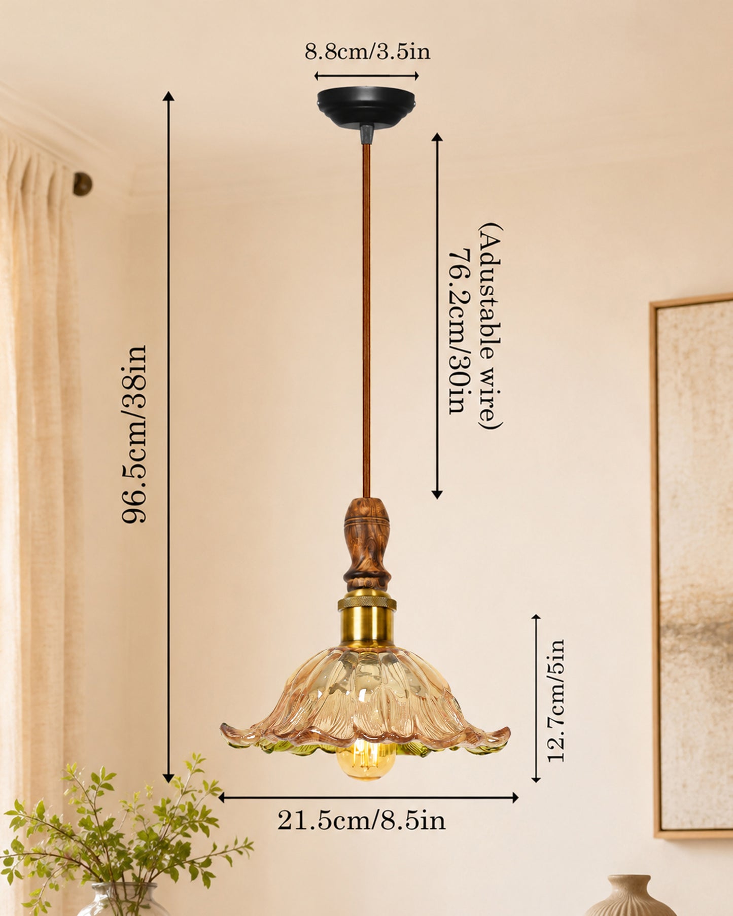 Homesake® Botanica Pendant Lamp | Tulip Scalloped Glass Hanging Light with Solid Wood Top | Vintage European Ceiling Fixture