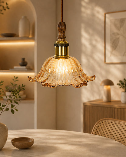Homesake® Botanica Pendant Lamp | Tulip Scalloped Glass Hanging Light with Solid Wood Top | Vintage European Ceiling Fixture