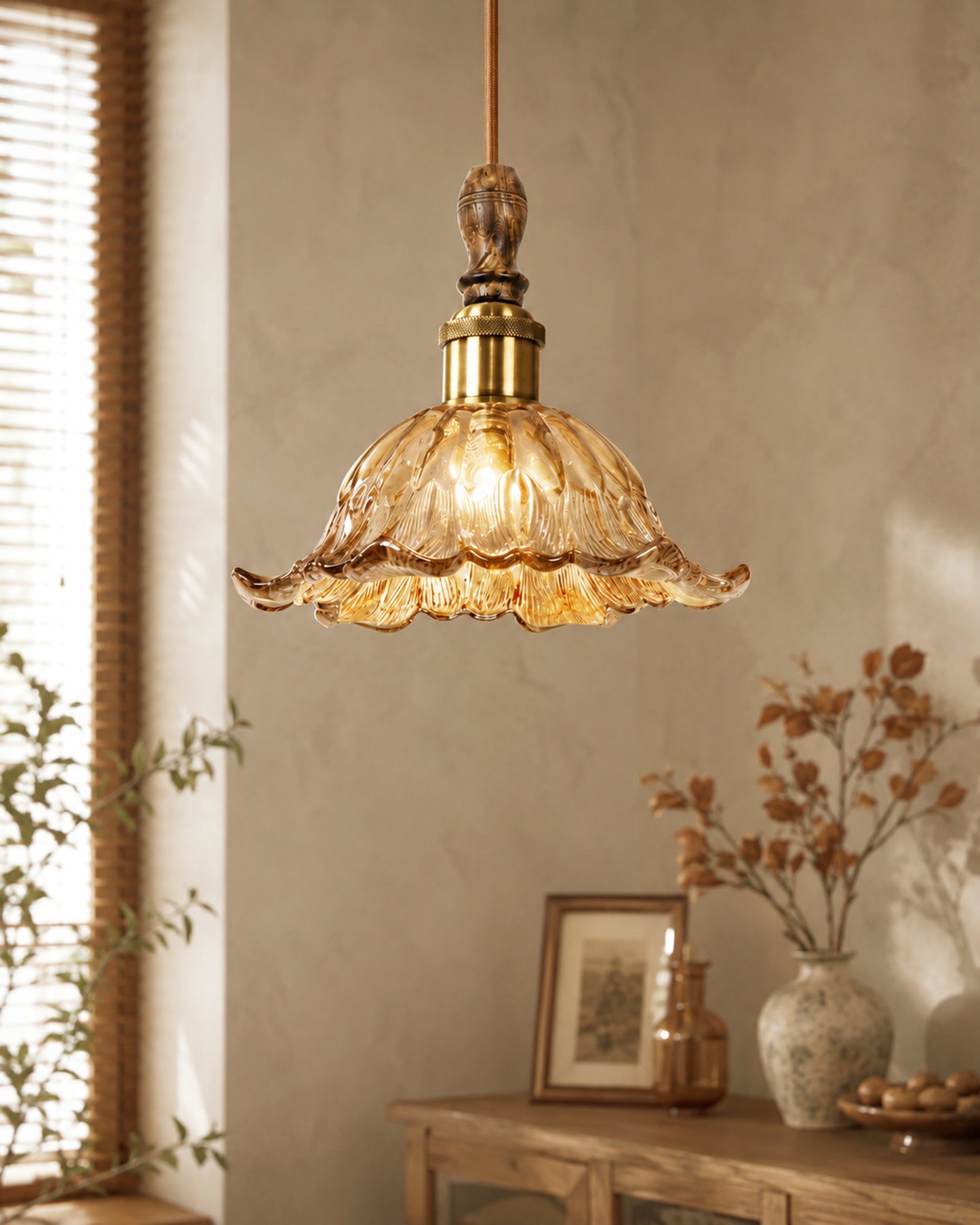 Homesake® Botanica Pendant Lamp | Tulip Scalloped Glass Hanging Light with Solid Wood Top | Vintage European Ceiling Fixture