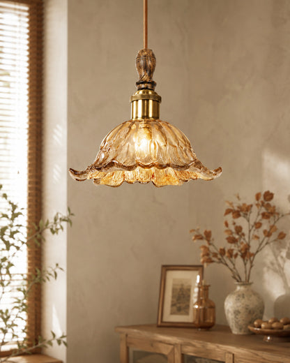 Homesake® Botanica Pendant Lamp | Tulip Scalloped Glass Hanging Light with Solid Wood Top | Vintage European Ceiling Fixture