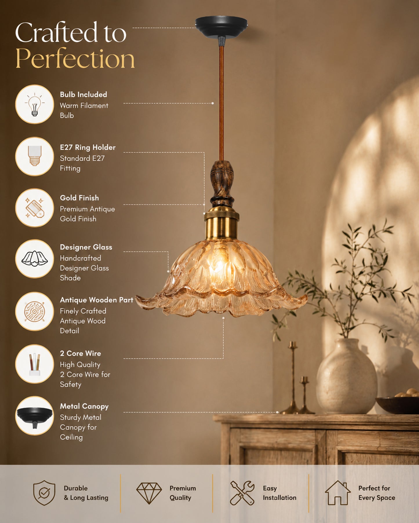 Homesake® Botanica Pendant Lamp | Tulip Scalloped Glass Hanging Light with Solid Wood Top | Vintage European Ceiling Fixture
