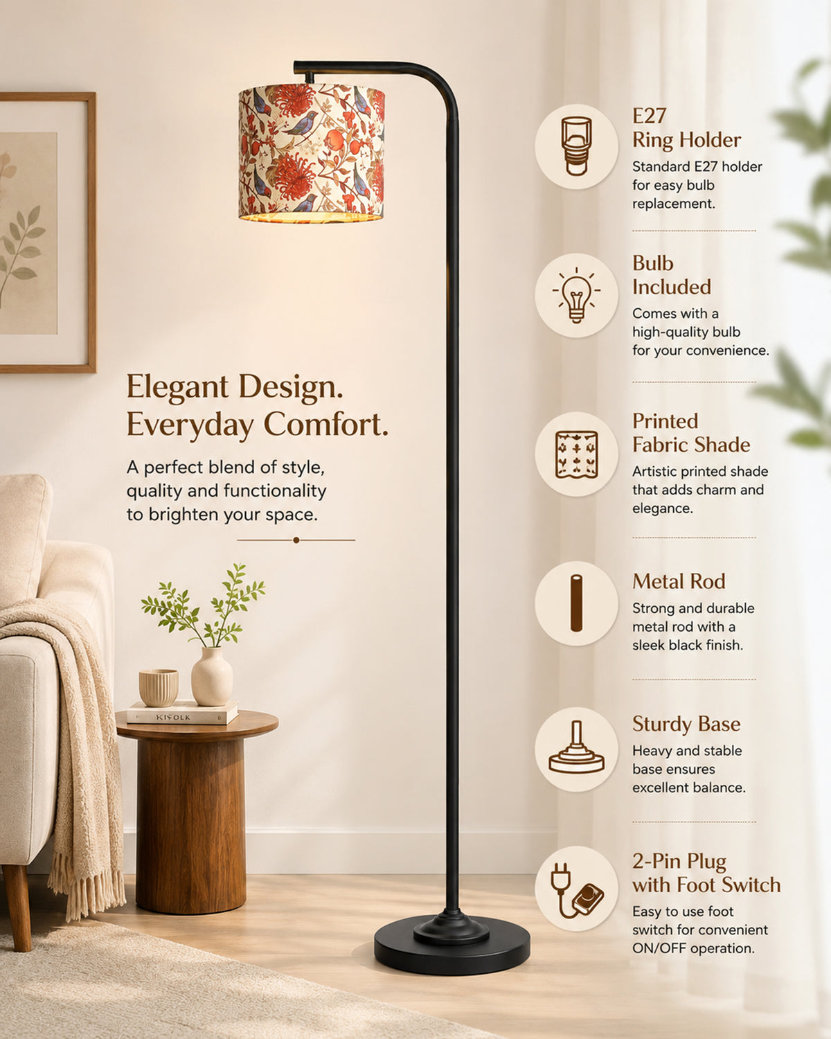 Homesake® Axis Floor Lamp for Living Room, Modern Standing Floor Lamp with Linen Fabric Shade & Black Metal Frame, Tall Reading Lamp for Bedroom, Corner, Office, Study Room & Home Decor