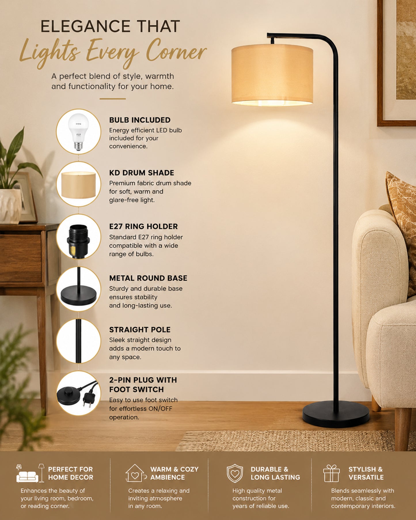 Homesake® Axis Floor Lamp for Living Room, Modern Standing Floor Lamp with Linen Fabric Shade & Black Metal Frame, Tall Reading Lamp for Bedroom, Corner, Office, Study Room & Home Decor