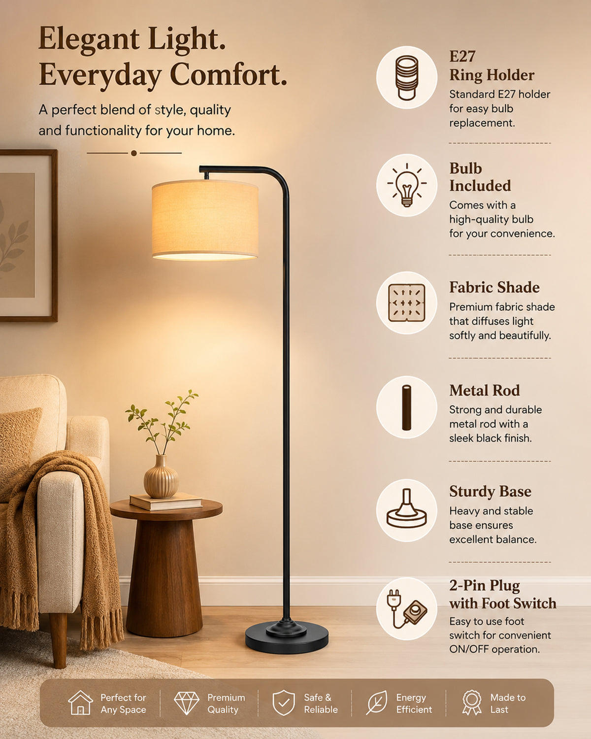 Homesake® Axis Floor Lamp for Living Room, Modern Standing Floor Lamp with Linen Fabric Shade & Black Metal Frame, Tall Reading Lamp for Bedroom, Corner, Office, Study Room & Home Decor