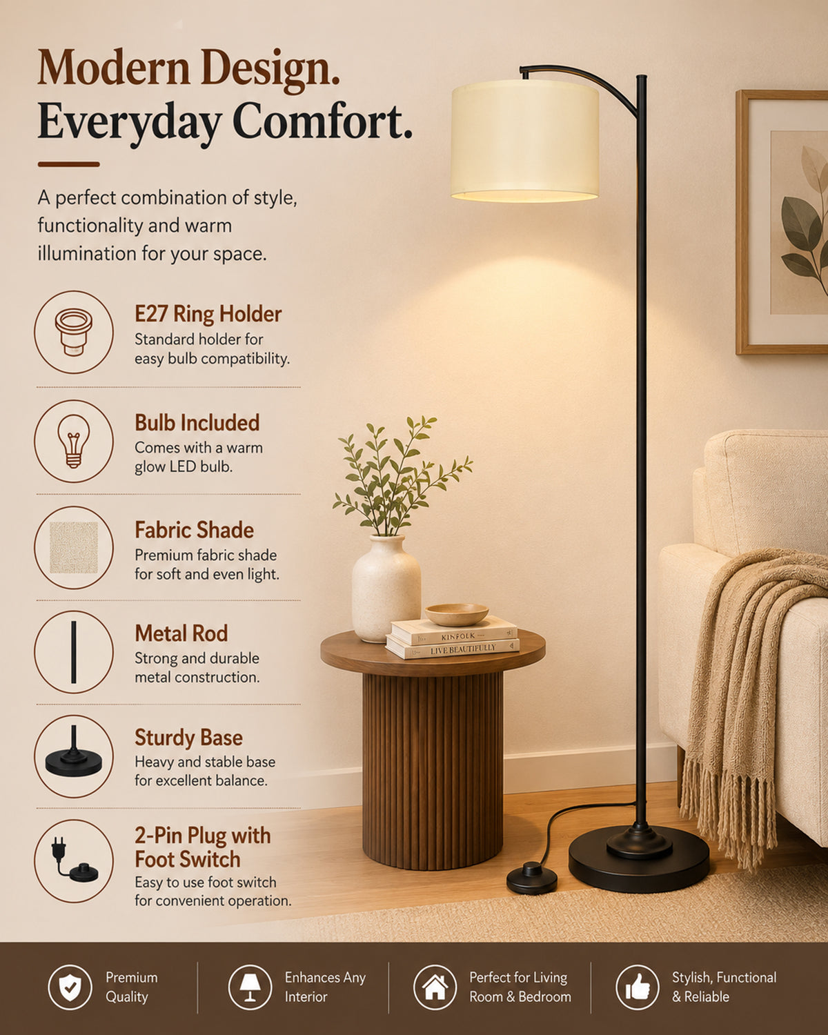 Homesake® Axis Floor Lamp for Living Room, Modern Standing Floor Lamp with Linen Fabric Shade & Black Metal Frame, Tall Reading Lamp for Bedroom, Corner, Office, Study Room & Home Decor