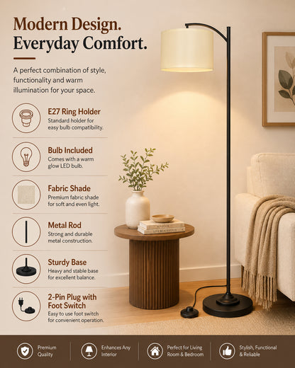 Homesake® Axis Floor Lamp for Living Room, Modern Standing Floor Lamp with Linen Fabric Shade & Black Metal Frame, Tall Reading Lamp for Bedroom, Corner, Office, Study Room & Home Decor