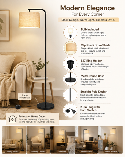 Homesake® Axis Floor Lamp for Living Room, Modern Standing Floor Lamp with Linen Fabric Shade & Black Metal Frame, Tall Reading Lamp for Bedroom, Corner, Office, Study Room & Home Decor