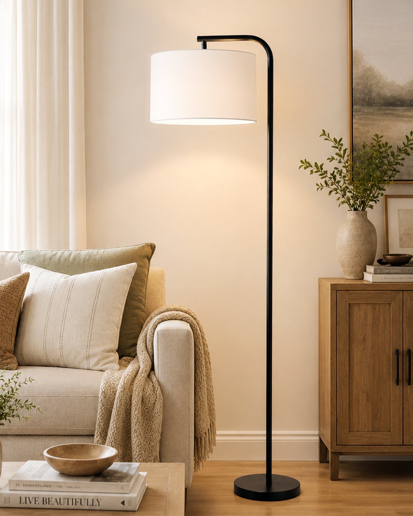 Homesake® Axis Floor Lamp for Living Room, Modern Standing Floor Lamp with Linen Fabric Shade & Black Metal Frame, Tall Reading Lamp for Bedroom, Corner, Office, Study Room & Home Decor