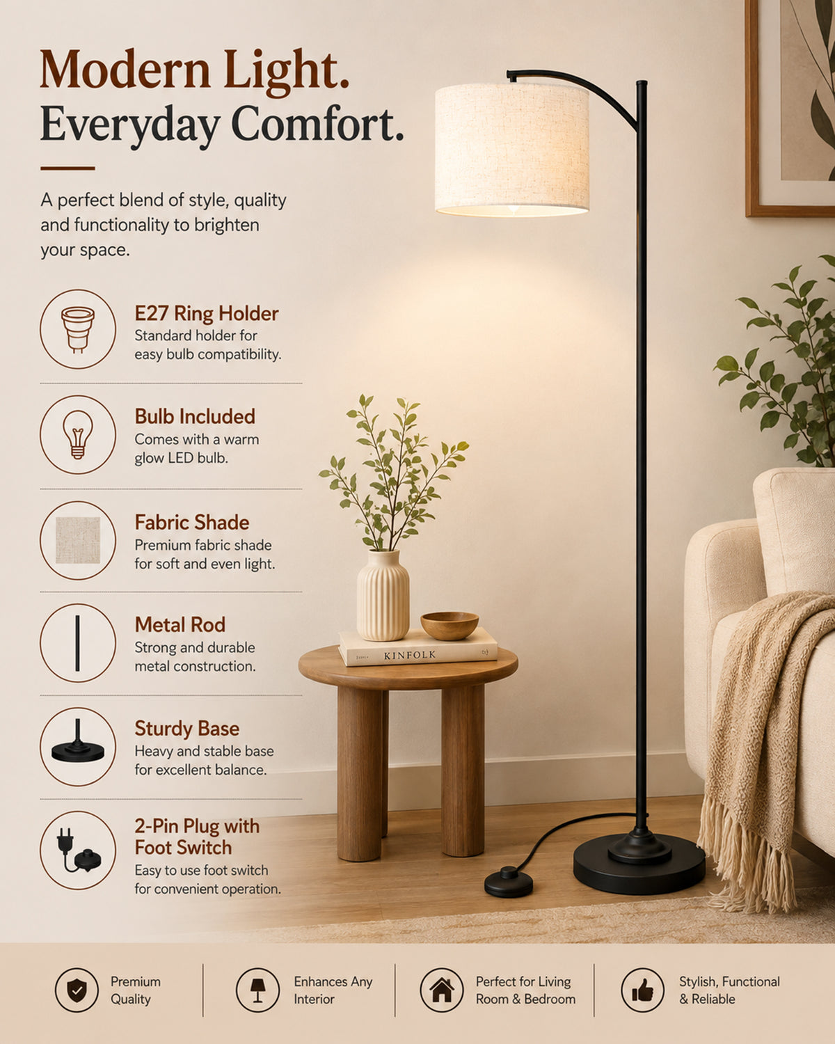 Homesake® Axis Floor Lamp for Living Room, Modern Standing Floor Lamp with Linen Fabric Shade & Black Metal Frame, Tall Reading Lamp for Bedroom, Corner, Office, Study Room & Home Decor