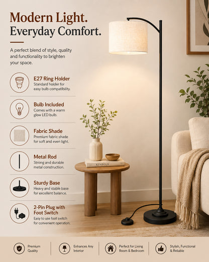 Homesake® Axis Floor Lamp for Living Room, Modern Standing Floor Lamp with Linen Fabric Shade & Black Metal Frame, Tall Reading Lamp for Bedroom, Corner, Office, Study Room & Home Decor