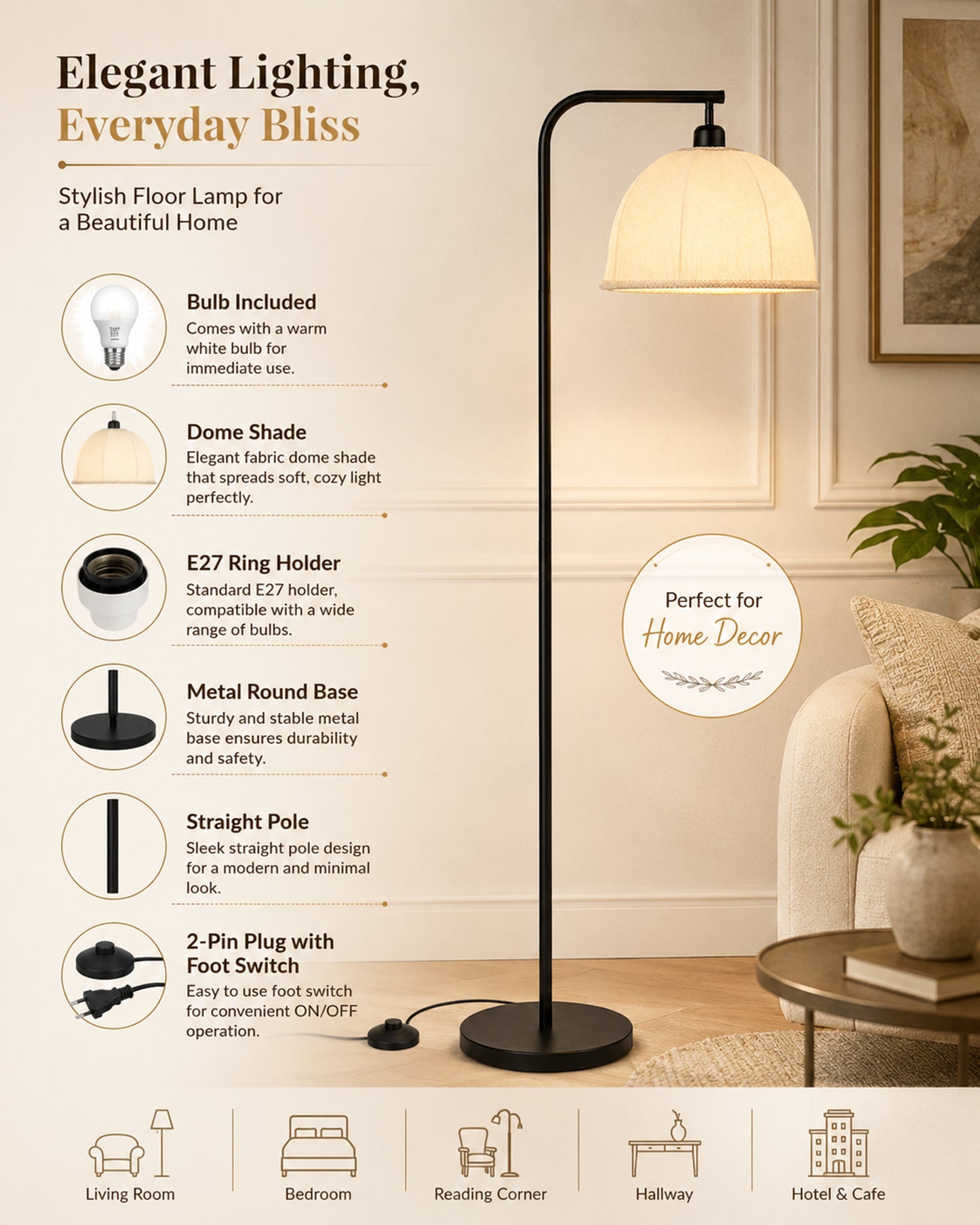 Homesake® Axis Floor Lamp for Living Room, Modern Standing Floor Lamp with Linen Fabric Shade & Black Metal Frame, Tall Reading Lamp for Bedroom, Corner, Office, Study Room & Home Decor