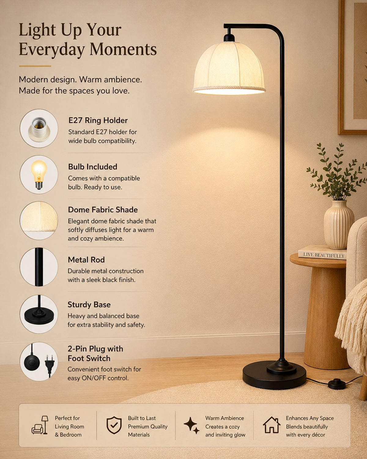 Homesake® Axis Floor Lamp for Living Room, Modern Standing Floor Lamp with Linen Fabric Shade & Black Metal Frame, Tall Reading Lamp for Bedroom, Corner, Office, Study Room & Home Decor