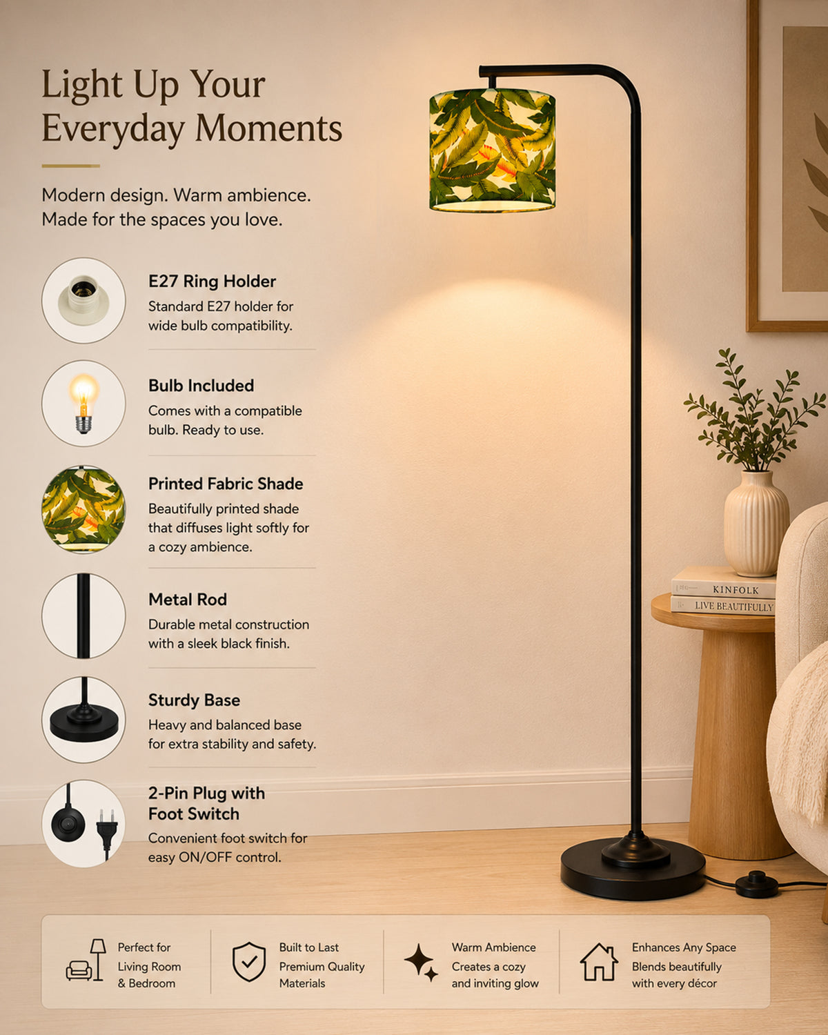 Homesake® Axis Floor Lamp for Living Room, Modern Standing Floor Lamp with Linen Fabric Shade & Black Metal Frame, Tall Reading Lamp for Bedroom, Corner, Office, Study Room & Home Decor