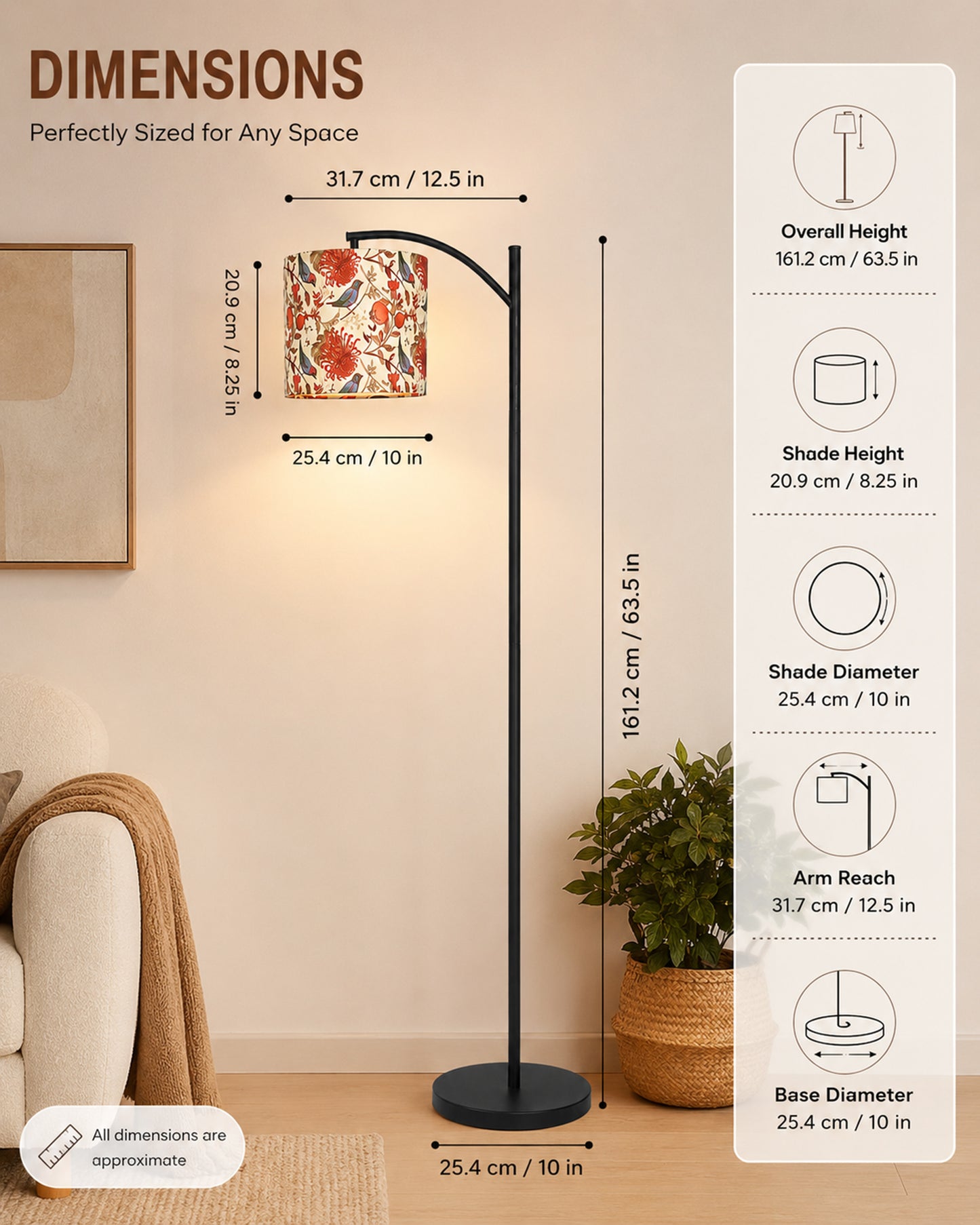 Homesake® ARC Floor Lamp for Living Room | Modern Standing Lamp with Linen Fabric Shade and Black Metal Frame | Decorative Reading Lamp for Bedroom, Corner, Office & Home Decor, Fabric Shade