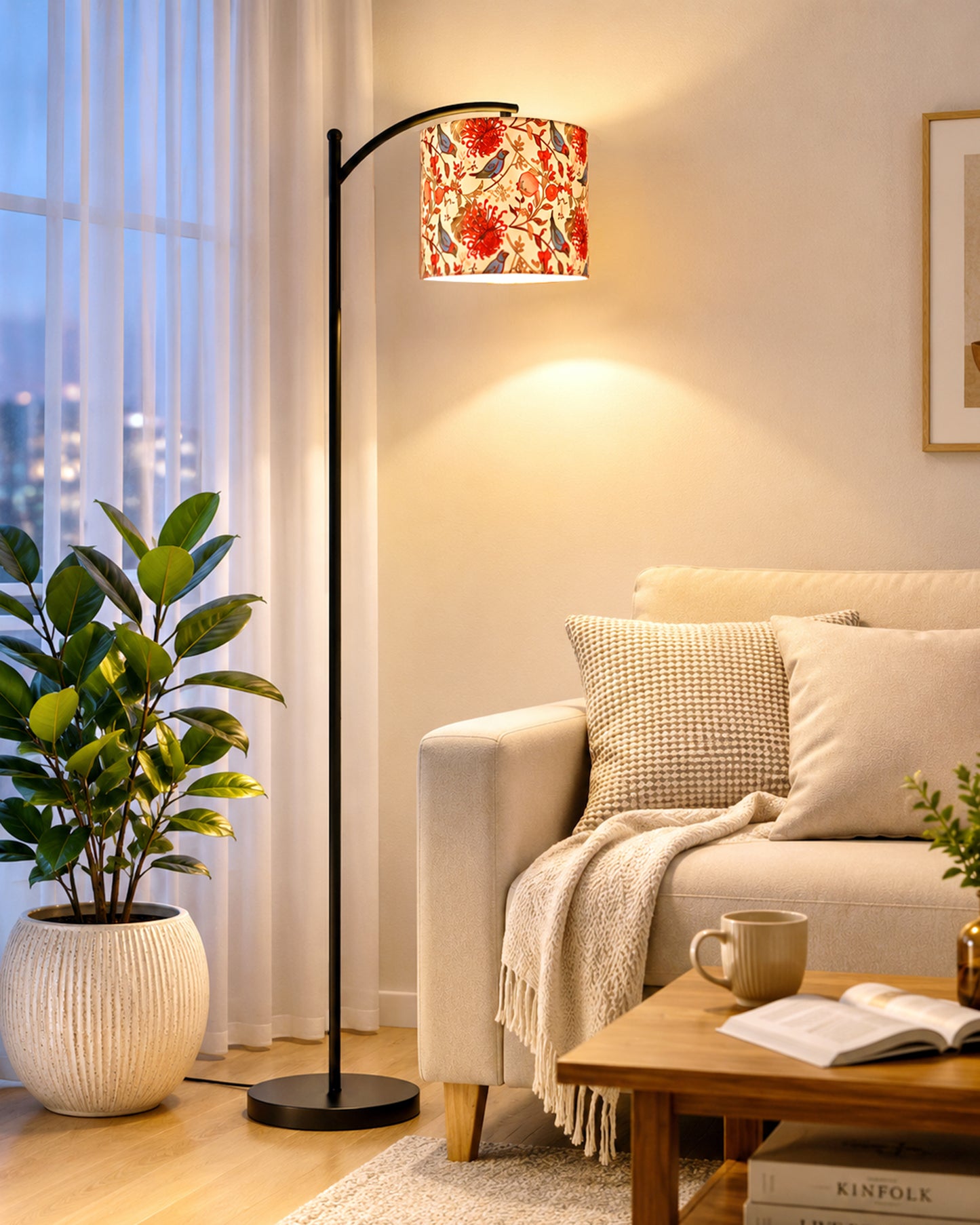 Homesake® ARC Floor Lamp for Living Room | Modern Standing Lamp with Linen Fabric Shade and Black Metal Frame | Decorative Reading Lamp for Bedroom, Corner, Office & Home Decor, Fabric Shade