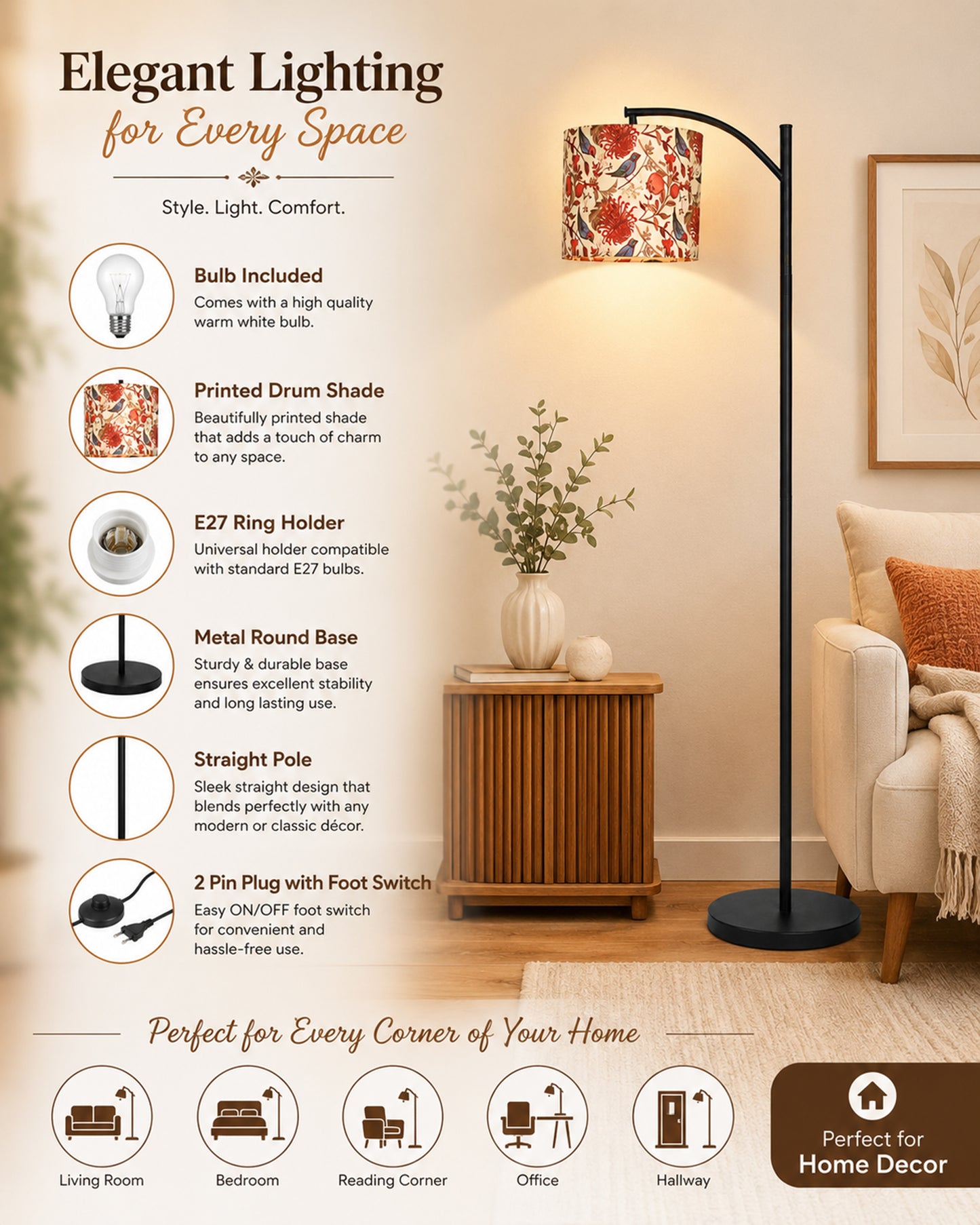 Homesake® ARC Floor Lamp for Living Room | Modern Standing Lamp with Linen Fabric Shade and Black Metal Frame | Decorative Reading Lamp for Bedroom, Corner, Office & Home Decor, Fabric Shade