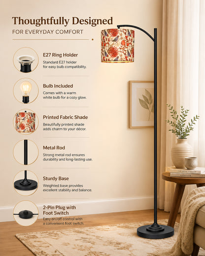 Homesake® ARC Floor Lamp for Living Room | Modern Standing Lamp with Linen Fabric Shade and Black Metal Frame | Decorative Reading Lamp for Bedroom, Corner, Office & Home Decor, Fabric Shade