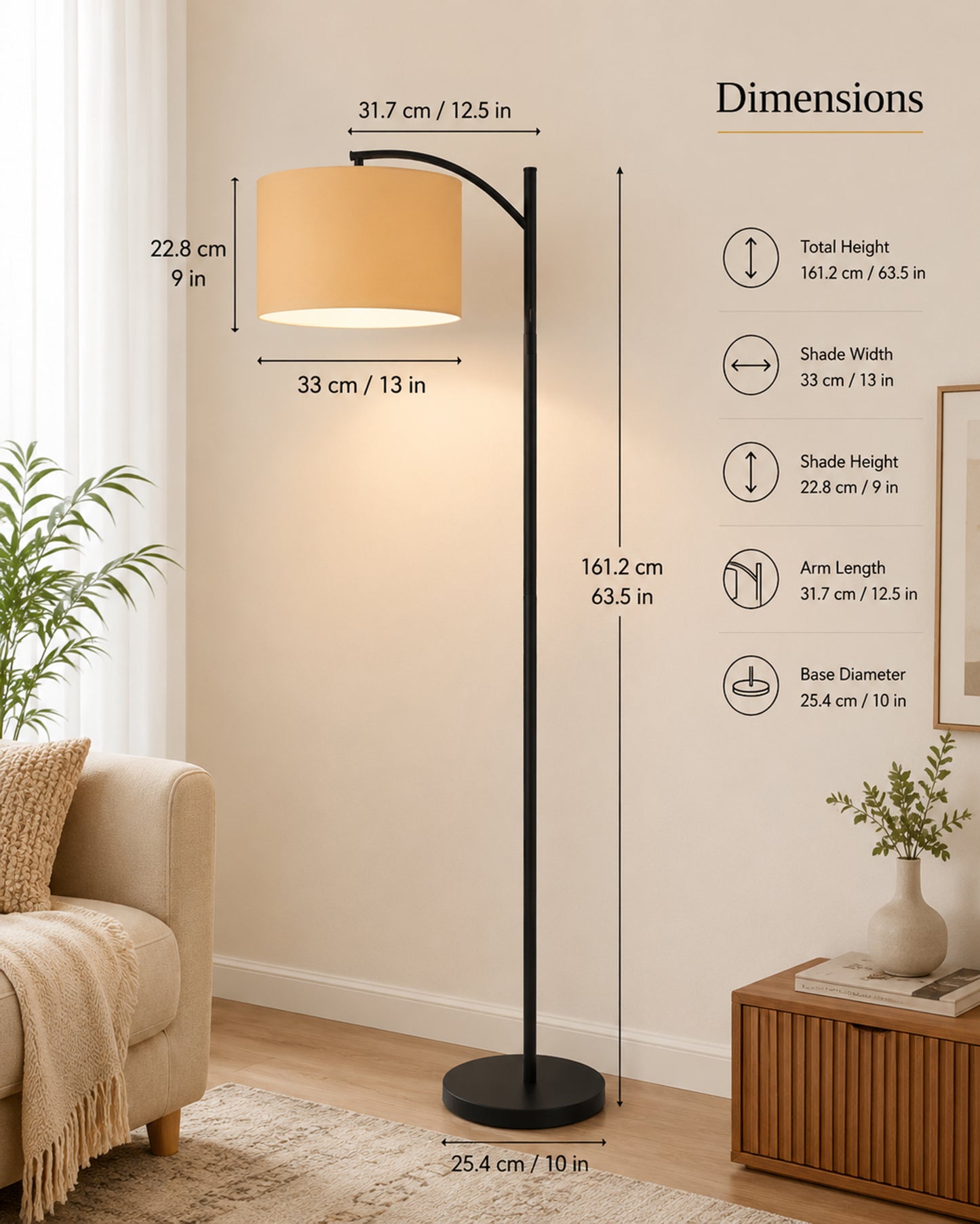 Homesake® ARC Floor Lamp for Living Room | Modern Standing Lamp with Linen Fabric Shade and Black Metal Frame | Decorative Reading Lamp for Bedroom, Corner, Office & Home Decor, Fabric Shade