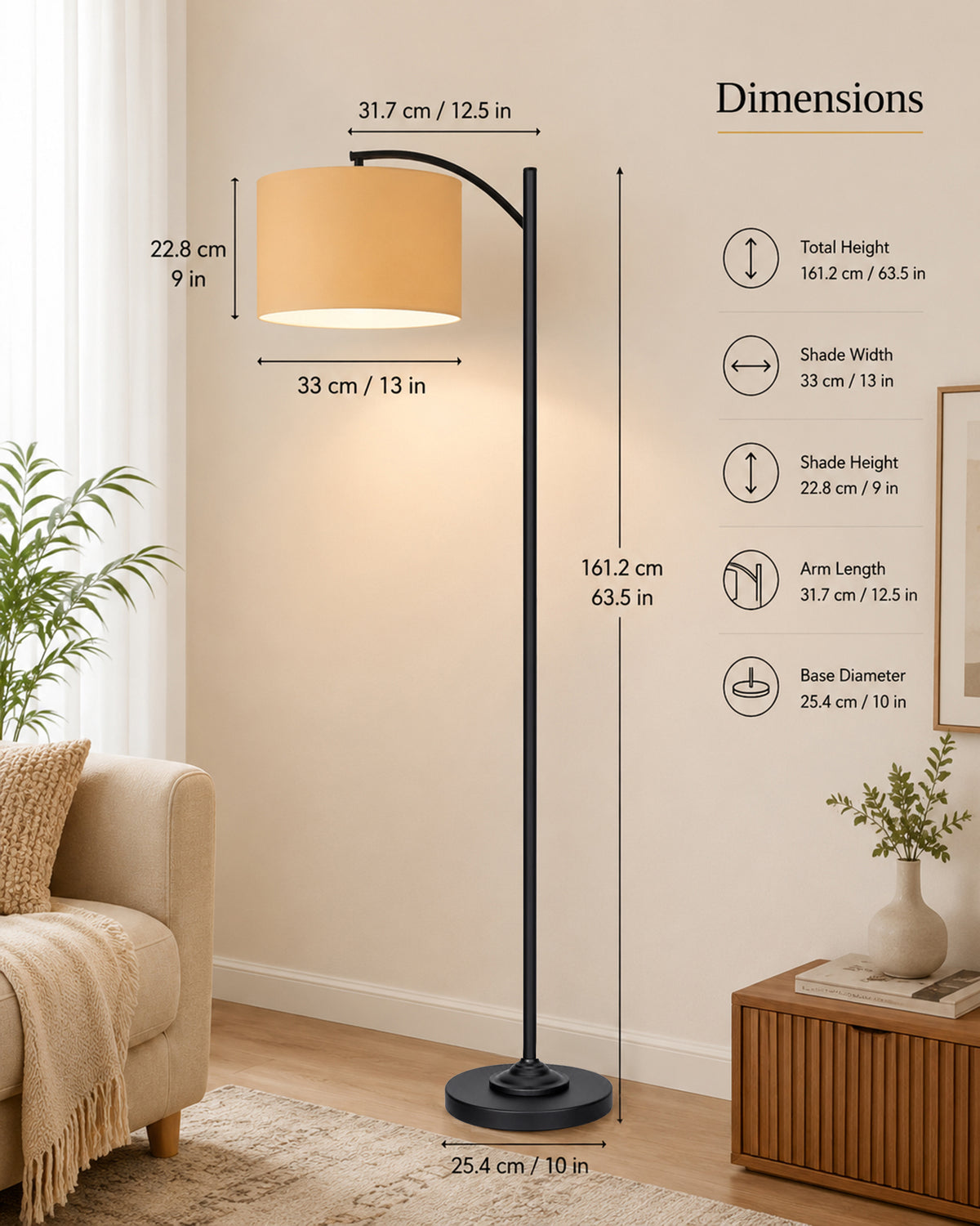 Homesake® ARC Floor Lamp for Living Room | Modern Standing Lamp with Linen Fabric Shade and Black Metal Frame | Decorative Reading Lamp for Bedroom, Corner, Office & Home Decor, Fabric Shade