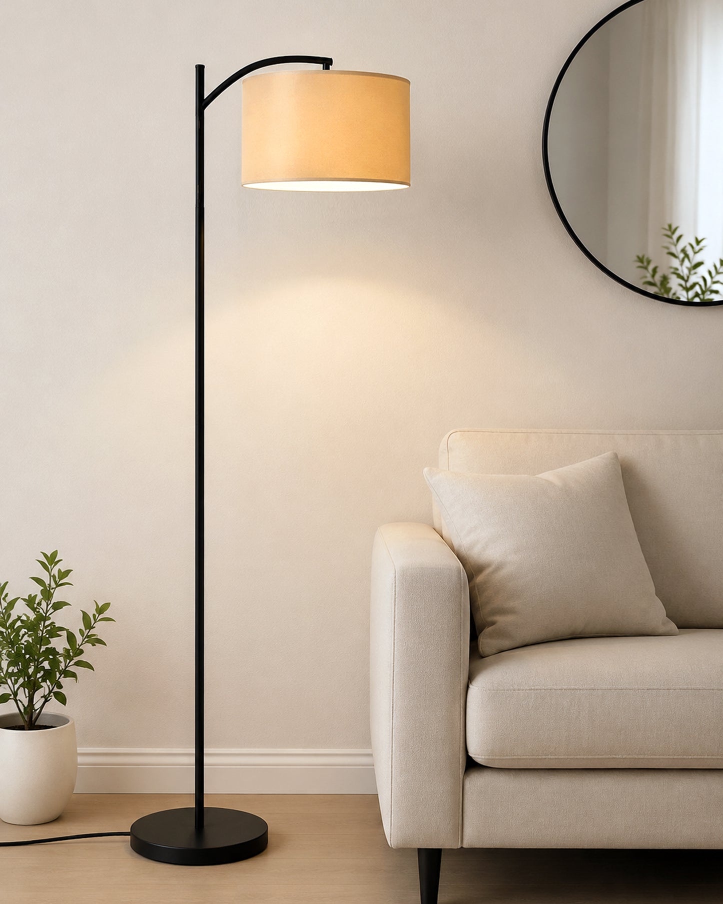 Homesake® ARC Floor Lamp for Living Room | Modern Standing Lamp with Linen Fabric Shade and Black Metal Frame | Decorative Reading Lamp for Bedroom, Corner, Office & Home Decor, Fabric Shade
