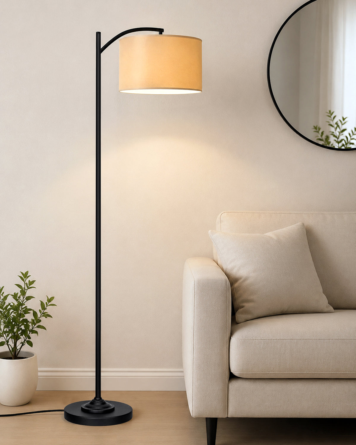 Homesake® ARC Floor Lamp for Living Room | Modern Standing Lamp with Linen Fabric Shade and Black Metal Frame | Decorative Reading Lamp for Bedroom, Corner, Office & Home Decor, Fabric Shade