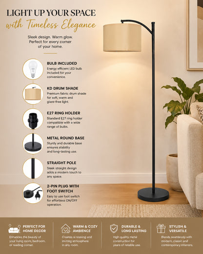 Homesake® ARC Floor Lamp for Living Room | Modern Standing Lamp with Linen Fabric Shade and Black Metal Frame | Decorative Reading Lamp for Bedroom, Corner, Office & Home Decor, Fabric Shade