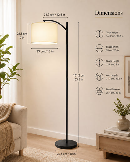 Homesake® ARC Floor Lamp for Living Room | Modern Standing Lamp with Linen Fabric Shade and Black Metal Frame | Decorative Reading Lamp for Bedroom, Corner, Office & Home Decor, Fabric Shade